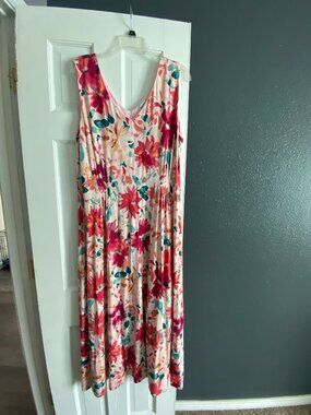 Coldwater Creek Pink Floral V Neck Sleeveless Maxi Dress Size Petite Large